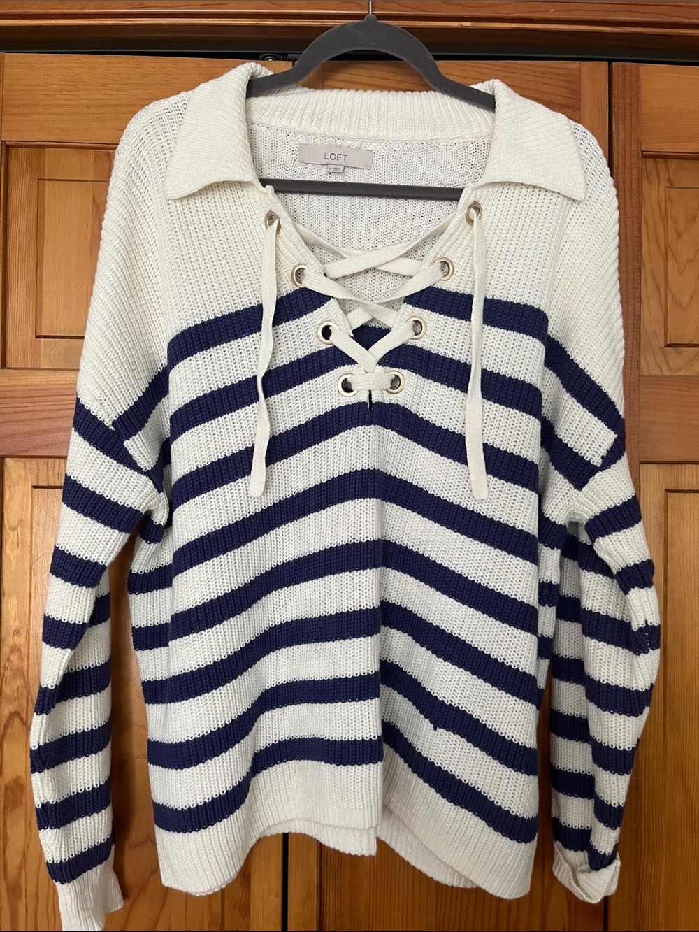 LOFT Cream & Navy Lace-Up V-Neck Collared Striped Sweater